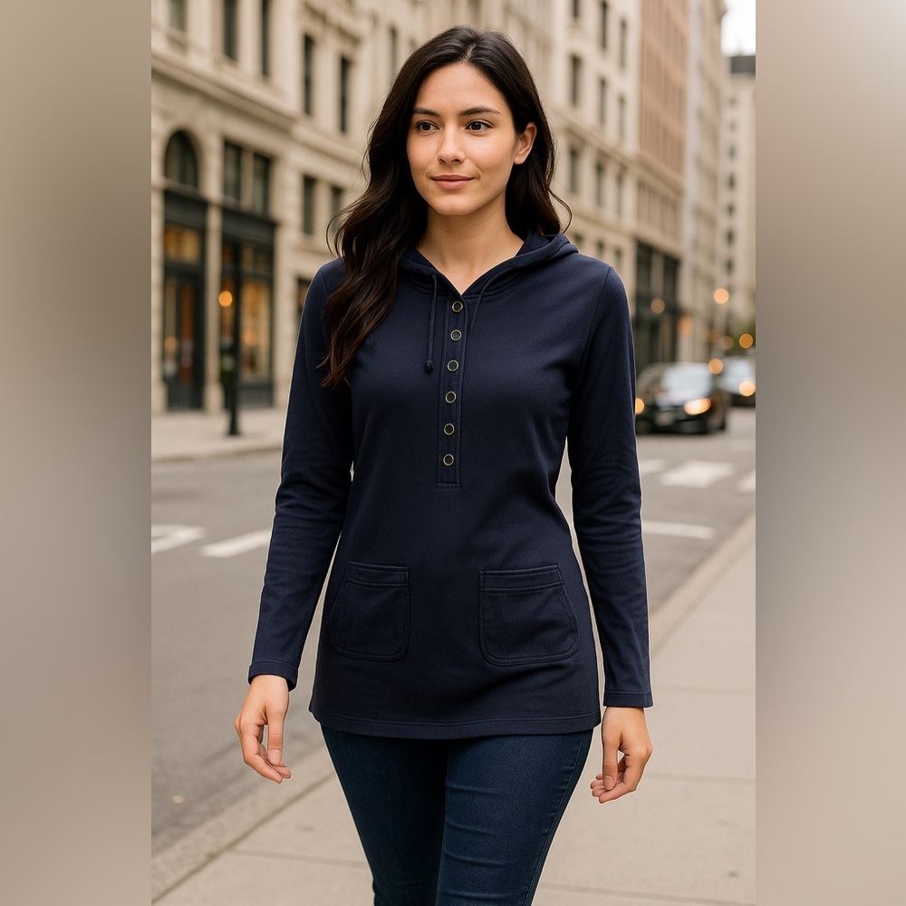 Talbots Petite Navy Snap Button Hoodie Tunic Top Pockets Size Large - Picture 4 of 12